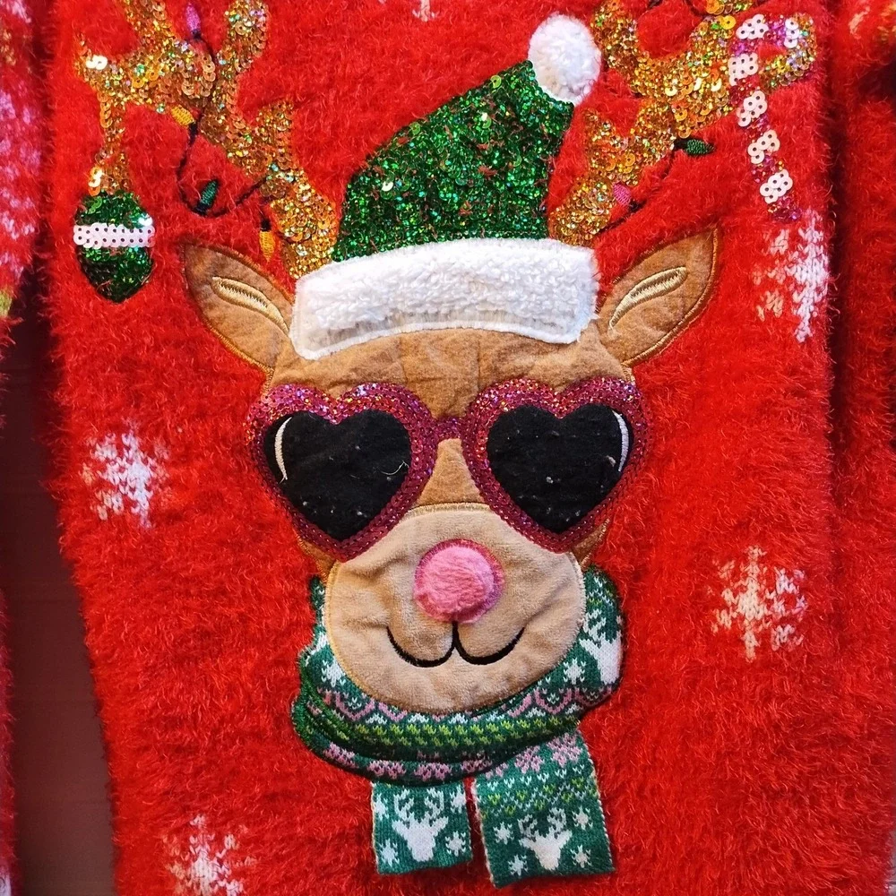 Holiday Time Red Fluffy Reindeer Ugly‎ Christmas Sweater Girl's XL 14-16 Sequins